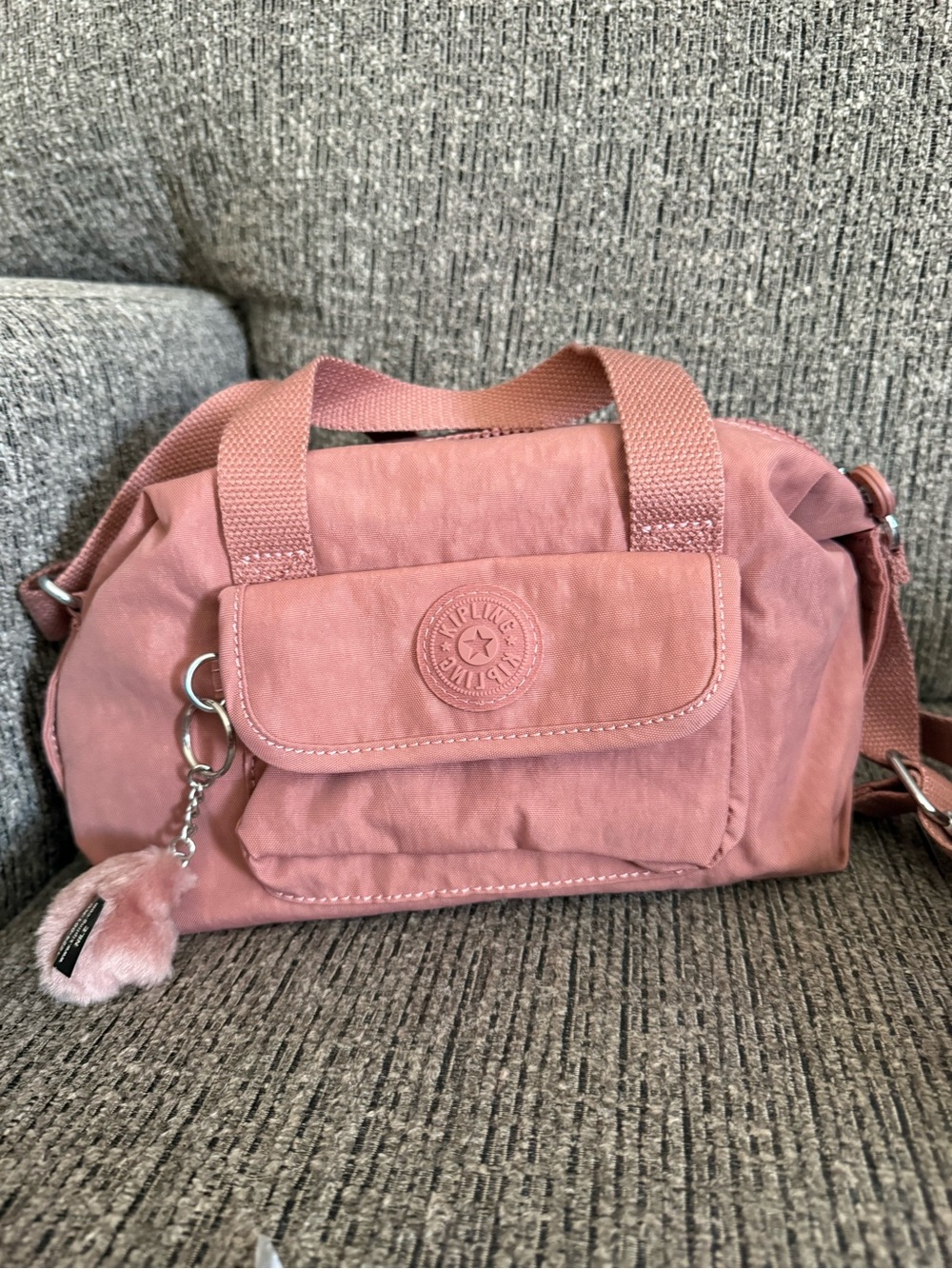 Kipling Dusty Rose Nylon Satchel with Pom Charm